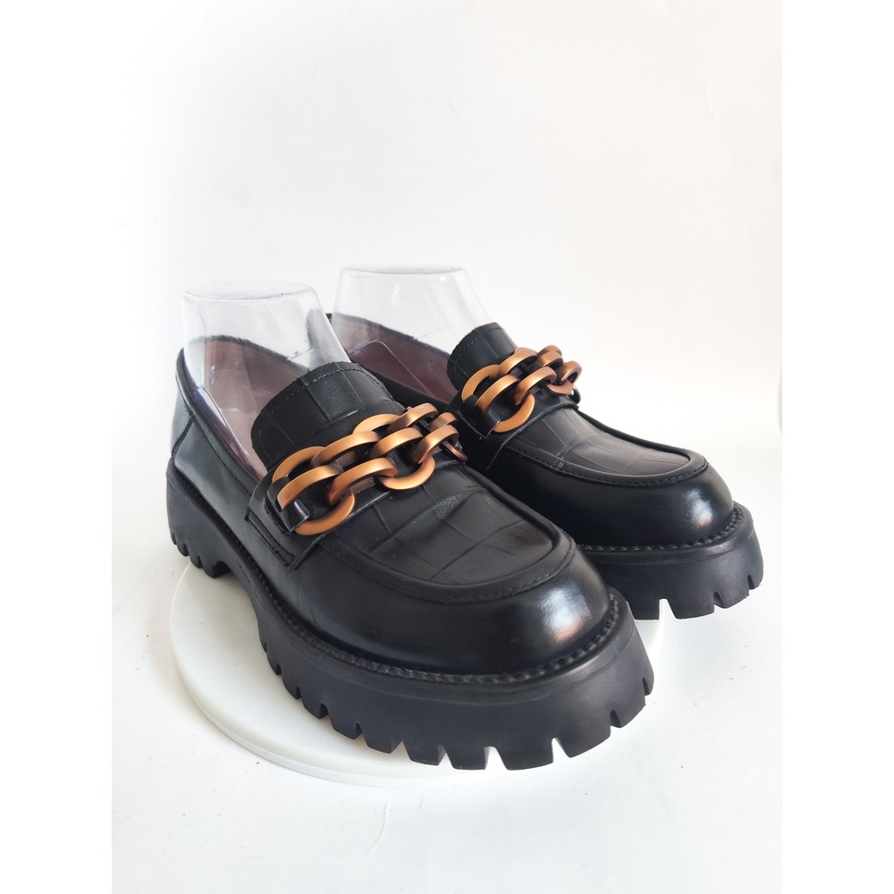 Beau Today Platform Loafers 6.5 Black Leather Chain Lug Sole Dark Academia Goth